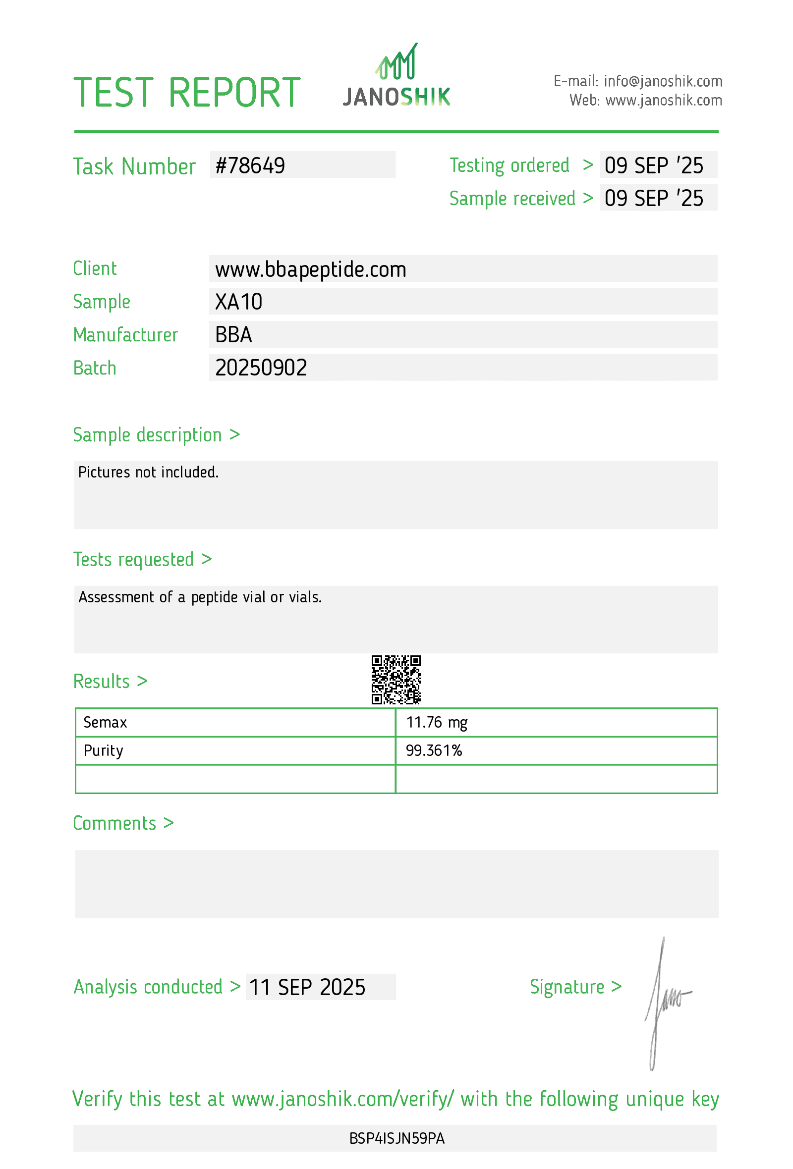 KLOW Stack certificate of analysis — lot BBA SEM-01